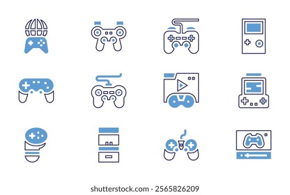 Video games icon set. Bold line style. Duotone colors. Editable stroke. videogameconsole, game, console, joystick, livestreaming, gamepad.