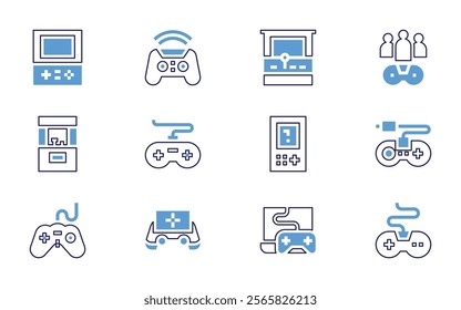 Video games icon set. Bold line style. Duotone colors. Editable stroke. videogame, gameconsole, videoconsole, handheldconsole, arcademachine, gamepad, team.