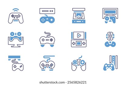 Video games icon set. Bold line style. Duotone colors. Editable stroke. gamecontroller, videogame, gameconsole, videoconsole, arcademachine, joystick, controller.