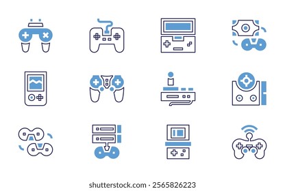 Video games icon set. Bold line style. Duotone colors. Editable stroke. gameconsole, videogame, gamecontroller, videoconsole, onlinegame, controller, gamepad, money.