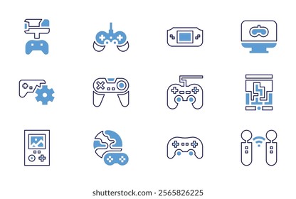 Video games icon set. Bold line style. Duotone colors. Editable stroke. gamepad, videogame, gamecontroller, gameconsole, arcademachine, tetris.