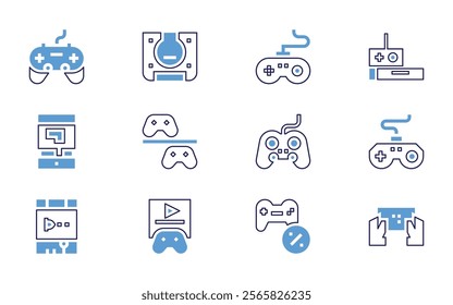 Video games icon set. Bold line style. Duotone colors. Editable stroke. controllerpad, smartphone, gamecontroller, arcademachine, joystick, controller, gamepad, discount.