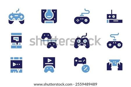 Video games icon set. Bold style. Duotone colors. videogame, gamecontroller, gameconsole, arcademachine, joystick, tetris, gamepad, discount.