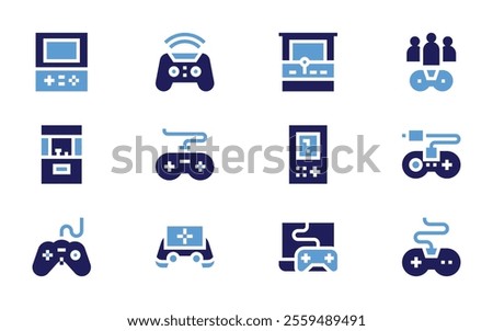 Video games icon set. Bold style. Duotone colors. gamecontroller, videogame, videoconsole, arcademachine, joystick, controller.