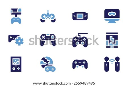 Video games icon set. Bold style. Duotone colors. gamepad, videogame, gamecontroller, game, gameconsole, controller, gaming, handheldconsole.