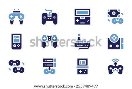 Video games icon set. Bold style. Duotone colors. gameconsole, videogame, videoconsole, gamecontroller, console, gamepad, database.