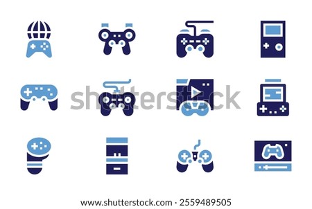 Video games icon set. Bold style. Duotone colors. controllerpad, gamecontroller, arcademachine, joystick, gamepad, livestreaming.