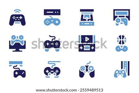 Video games icon set. Bold style. Duotone colors. console, videogames, videogame, gameconsole, gamecontroller, arcademachine, gamepad.