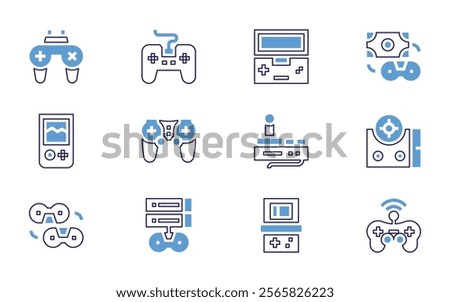 Video games icon set. Bold line style. Duotone colors. Editable stroke. gameconsole, videogame, gamecontroller, videoconsole, onlinegame, controller, gamepad, money.