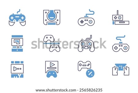 Video games icon set. Bold line style. Duotone colors. Editable stroke. controllerpad, smartphone, gamecontroller, arcademachine, joystick, controller, gamepad, discount.