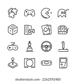 Video games icon set. Game genres and attributes. Linear design. Lines with editable stroke. Isolated vector icons.