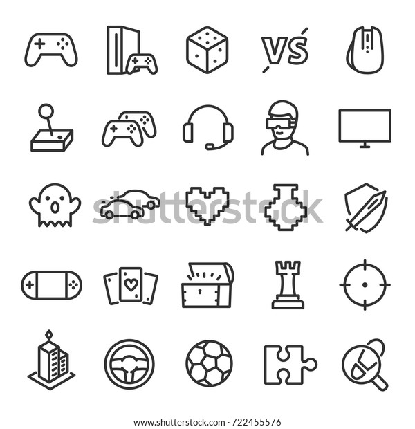 Video games\
icon set. Game genres and attributes. Linear design. Lines with\
editable stroke. Isolated vector\
icons