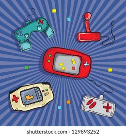 Video Games Icons ( Retro Consoles and controls), on blue background. Vector