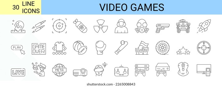 Video games icons set. Game genres and attributes. Lines with editable stroke. Isolated vector icons