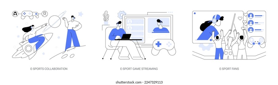 Video games industry abstract concept vector illustration set. eSports collaboration, game streaming, e-sport fan club and community, champion league sponsorship, entertainment abstract metaphor.