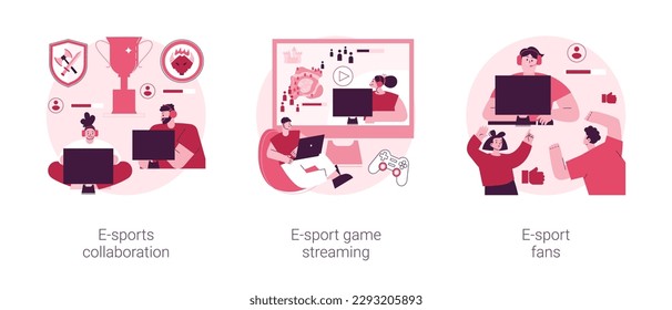 Video games industry abstract concept vector illustration set. eSports collaboration, game streaming, e-sport fan club and community, champion league sponsorship, entertainment abstract metaphor.