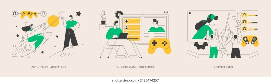 Conjunto de ilustración vectorial de concepto abstracto de la industria de videojuegos. Colaboración de eSports, transmisión de juegos, club de fans y comunidad de e-sport, patrocinio de la liga de campeones, metáfora abstracta de entretenimiento.