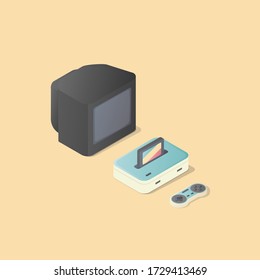 video games. isometric classic gamepad, console and TV. colorful illustration. vintage gaming