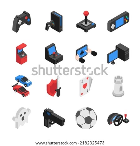 Video games isometric icons set. Game consoles, gamepads and joysticks. Game genres. Objects collection