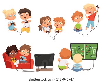 Video games kids. Console gaming children playing together with joystick controllers home television fun vector characters