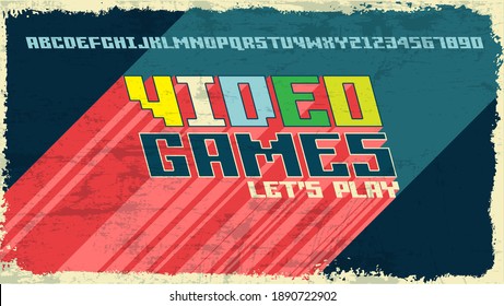 Video Games. Let's play. Vector alphabet letters font phrase in pixel art style with glitch VHS effect. 80's and 90's style. Retro vintage TV screen. Gamer panel basic platform easy editable poster. 