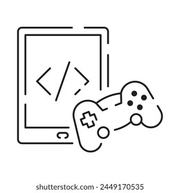 Video games line icon. Game genres and attributes. Controller, joystick and computer. Game console