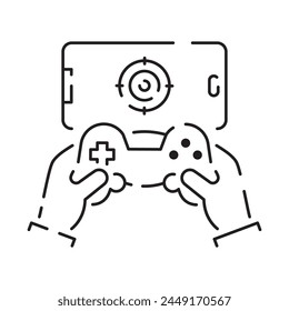 Video games line icon. Game genres and attributes. Controller, joystick and computer. Game console
