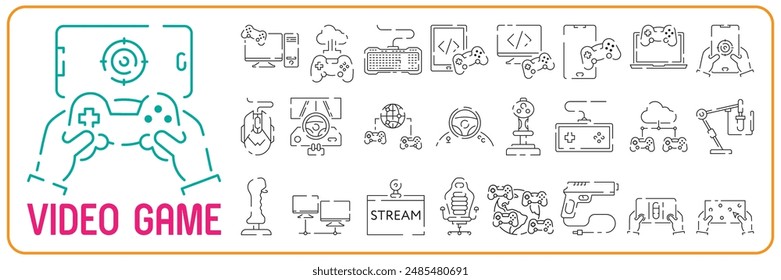 Video games line icon set. Game genres and attributes. Controller, joystick and computer. Game console