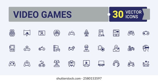 Video Games linear icon collection. Containing cosmetic, collagen, age, accessory, seaweed, cream, corsair and more. Simple icon designs. Outline and solid pictogram.