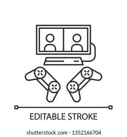 Video games linear icon. Esports. Competition for two gamers. Gaming devices. Split screen, multiplayer games. Thin line illustration. Contour symbol. Vector isolated outline drawing. Editable stroke