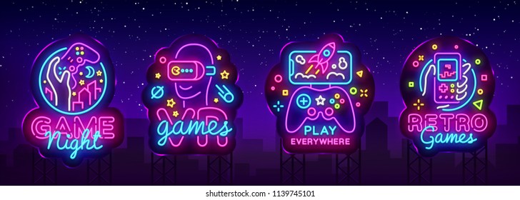 Video Games Logos Collection Neon Sign Vector Design Template. Conceptual Vr Games, Retro Game Night Logo In Neon Style, Gamepad In Hand, Modern Trend Design, Light Banner. Vector Billboard