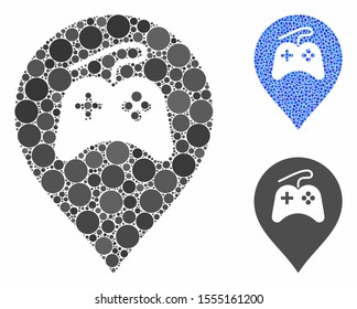 Video games marker composition of spheric dots in various sizes and color hues, based on video games marker icon. Vector dots are united into blue composition.