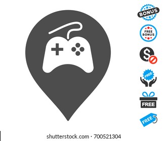 Video Games Marker gray icon with free bonus pictograms. Vector illustration style is flat iconic symbols.