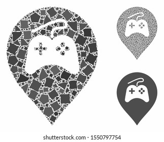Video games marker mosaic of tuberous elements in various sizes and color hues, based on video games marker icon. Vector tremulant elements are organized into collage.