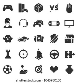 Video games, monochrome icons set. Game genres and attributes, simple symbols collection