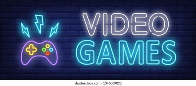 Video games neon text and gamepad with lightnings. Video game and entertainment design. Night bright neon sign, colorful billboard, light banner. Vector illustration in neon style.