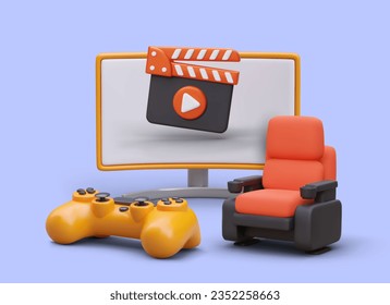 Video games, online cinema. Virtual entertainment. 3D screen, clapperboard, chair, gamepad. Time to rest, fun. Color vector poster. Template for web design