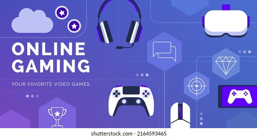 Video games, online gaming and metaverse banner: video games equipment and icons