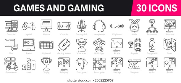 Video games Outline Vector Icon Collection. A set of outline icons related to Gaming, Gadget, Technology, Game genres, Game, Console, player, Multiplayer and more. Editable stroke. Vector illustration