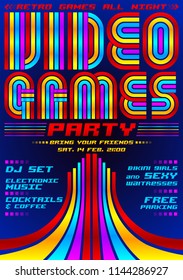 Video Games party, poster event template, eighties games style vector illustration