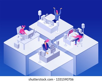 Video games. People gaming online on computers. Cyber sport. Vector 3d isometric illustration.
