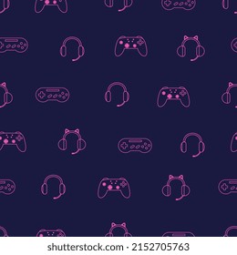 Video games pink retro seamless pattern. Console and headset outline