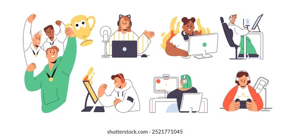 Video games players set. People play videogames. Gamers with joystick or computer streaming esport competition, tournament. Cybersport team celebrates win. Flat isolated vector illustrations on white