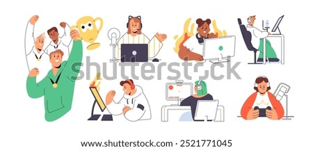 Video games players set. People play videogames. Gamers with joystick or computer streaming esport competition, tournament. Cybersport team celebrates win. Flat isolated vector illustrations on white
