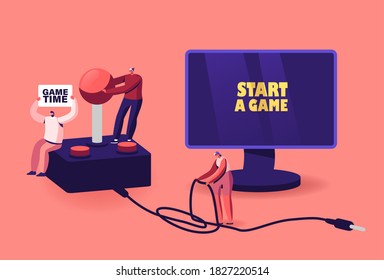 Video Games Recreation, Gaming Addiction, Hobby Concept. Tiny Male and Female Gamers Characters Playing Videogames at Huge Play Station Console with Joystick. Cartoon People Vector Illustration