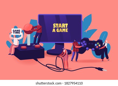 Video Games Recreation, Hobby Concept. Tiny Male and Female Characters with Huge Gamepad and Joystick Playing Videogame on Play Station Console and Computer Monitor. Cartoon People Vector Illustration