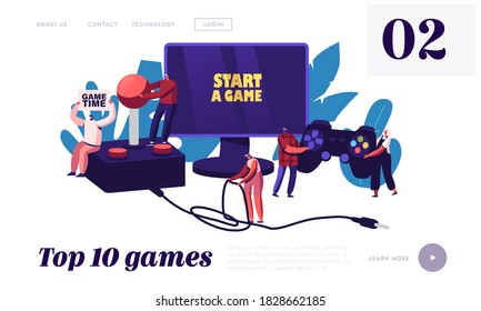 Video Games Recreation, Hobby Landing Page Template. Tiny Characters with Huge Gamepad and Joystick Playing Videogame on Play Station Console and Computer Monitor. Cartoon People Vector Illustration