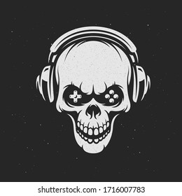 Video games related t-shirt design. Angry skull in headphones. Vector vintage illustration.