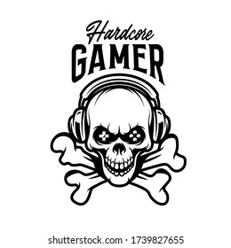 Video games related t-shirt design. Angry skull with crossed bones in headphones. Hardcore gamer quote text phrase quotation. Vector vintage illustration.