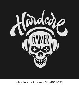 Videojuegos relacionados con el diseño de camisetas. Calavera enojada con auriculares. comillas de texto de comillas de gamer de línea dura. Ilustración vectorial.